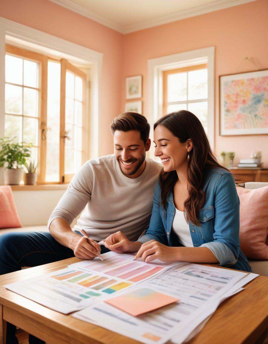 A cozy living room scene with a happy first-time homebuyer couple sitting at a table, reviewing loan documents. A large house blueprint is spread out on the table, showing their dream home. On the walls, diagrams of interest rates and financial tips are visible. Sunlight filters through a window, illuminating the couple's hopeful expressions. Soft pastel colors, inviting atmosphere, and a sense of warmth. super-realistic. vibrant colors.