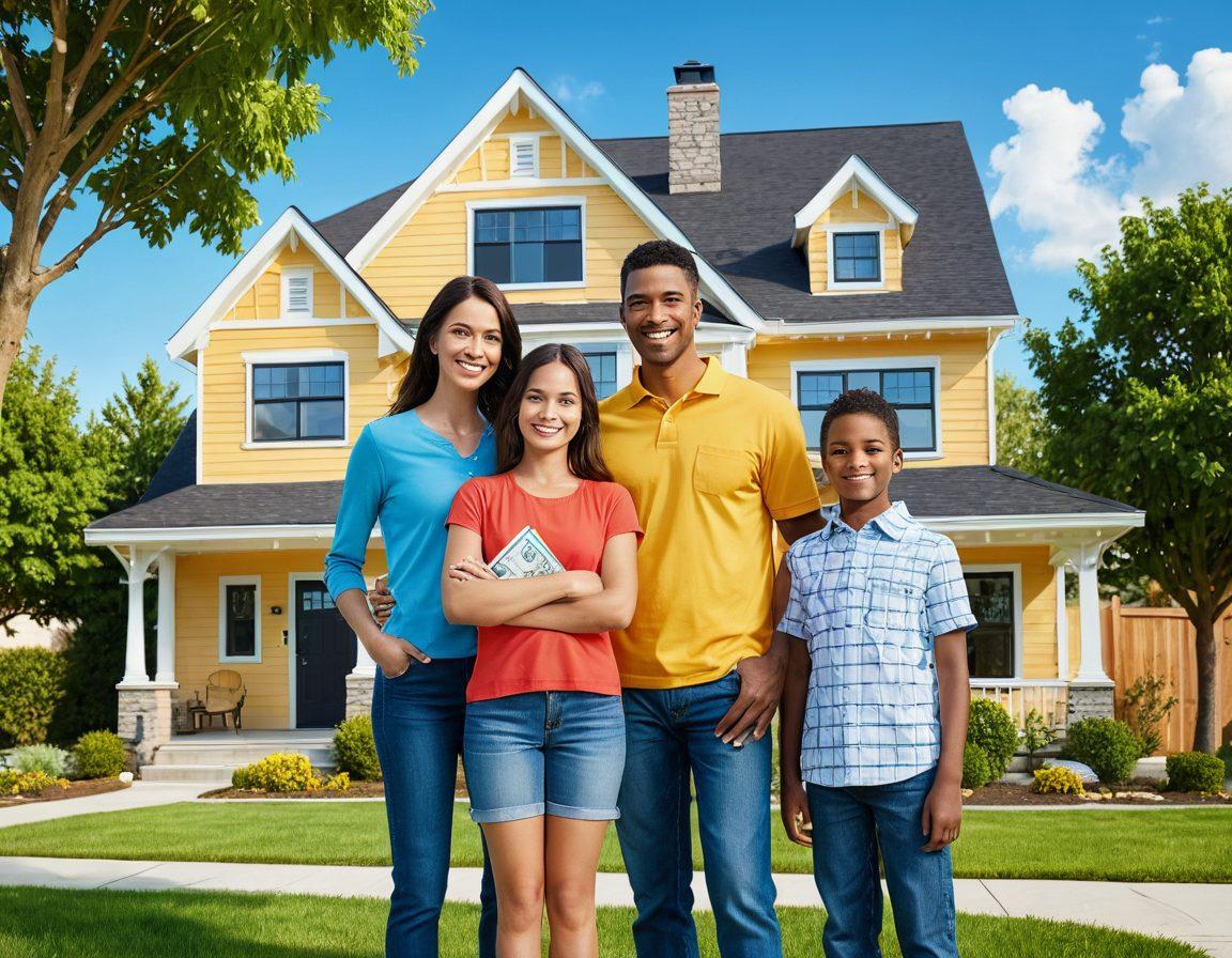 A conceptual illustration of a smiling family in front of their new home, surrounded by floating icons representing smart financial strategies, such as a calculator, money savings jar, and graphs showing growth. The background features a bright, welcoming neighborhood with trees and blue skies, symbolizing security and comfort. Emphasize a sense of optimism and financial empowerment. vibrant colors. digital art.