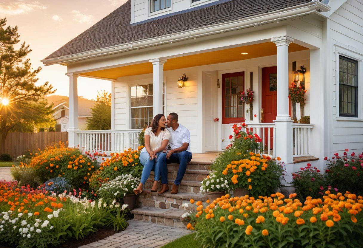 A cozy, welcoming home surrounded by blooming flowers, with a first-time buyer couple happily discussing mortgage tips in front of it. Floating text bubbles illustrate essential tips like 'Budget Wisely' and 'Shop Around'. The sun sets in the background, casting a warm glow. super-realistic. vibrant colors. white background.